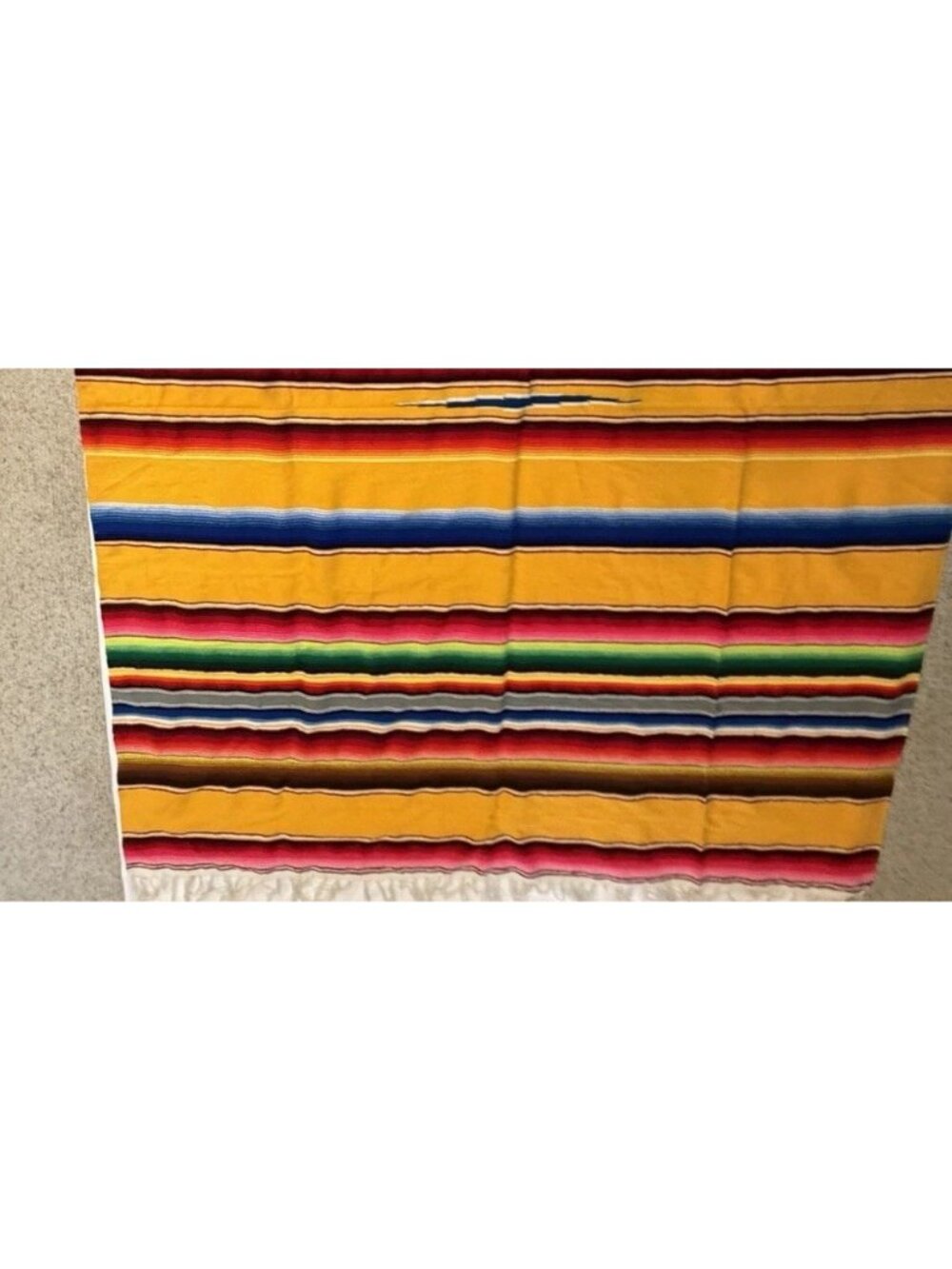 Vintage 80s Yellow Mexican Serape Blanket Colorful Stripes Boho Fringe 82" x 60 - Picture 16 of 16